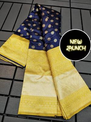 Blue yellow silk blend banarasi saree with unstitched blouse piece 3
