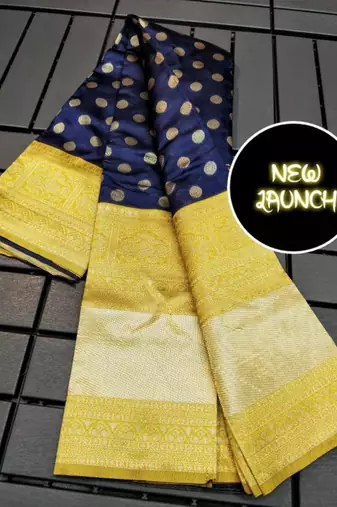 Blue yellow silk blend banarasi saree with unstitched blouse piece
