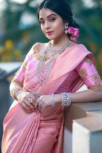 Baby pink soft silk blend banarasi jacuard work designer party wear saree with unstitched blouse piece