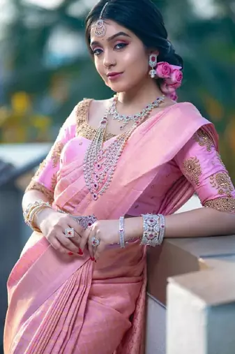 Baby pink soft silk blend banarasi jacuard work designer party wear saree with unstitched blouse piece