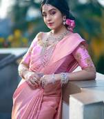 Baby pink silk blend banarasi saree with unstitched blouse piece