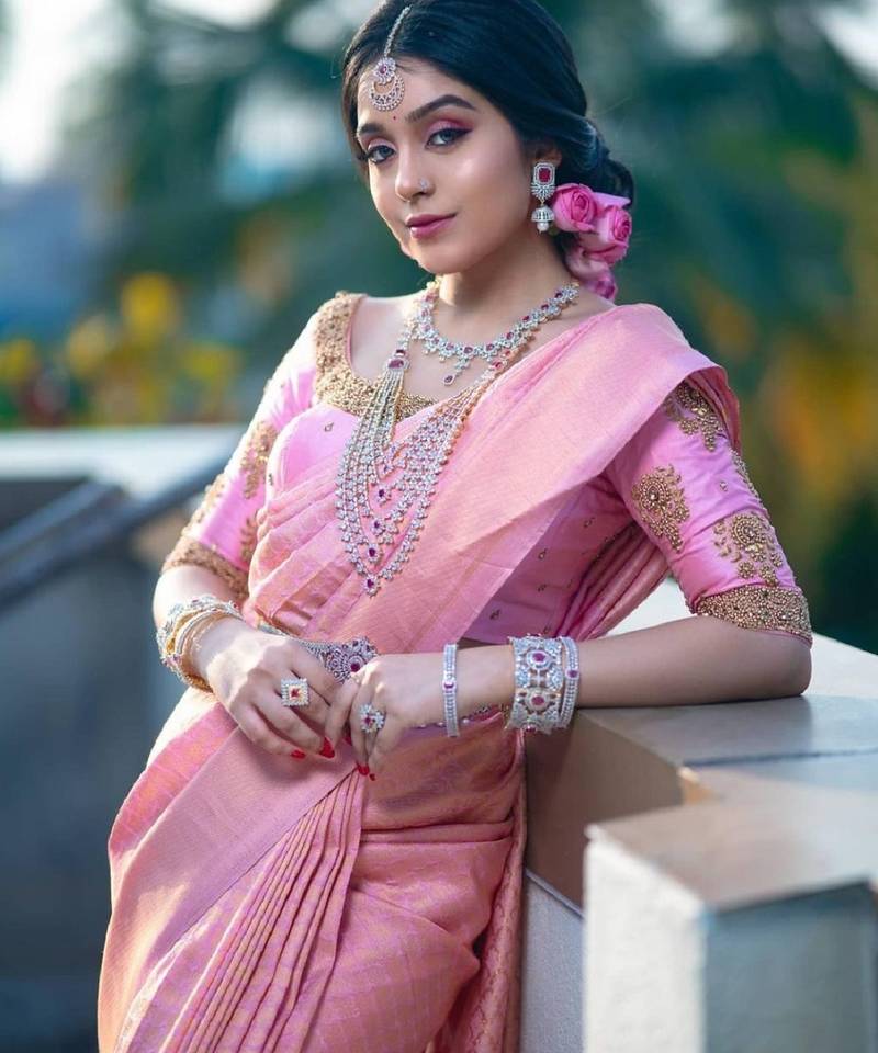 Baby pink soft silk blend banarasi jacuard work designer party wear saree with unstitched blouse piece
