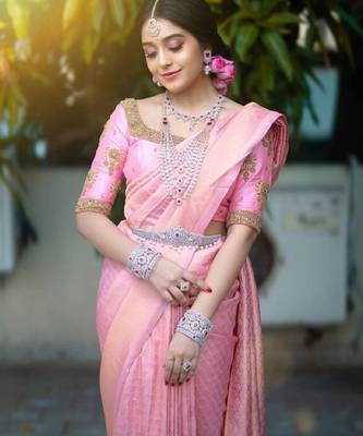 Baby pink silk blend banarasi saree with unstitched blouse piece 2
