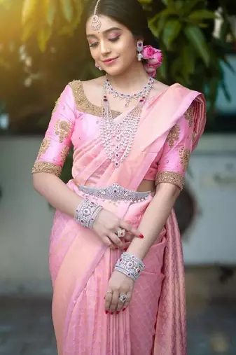 Baby pink silk blend banarasi saree with unstitched blouse piece