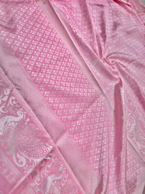 Baby pink silk blend banarasi saree with unstitched blouse piece 4