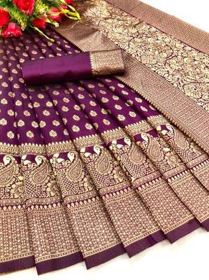 Wine silk blend banarasi saree with unstitched blouse piece 3