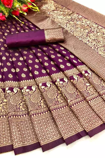 Wine silk blend banarasi saree with unstitched blouse piece