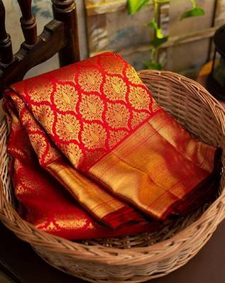 Red silk blend banarasi saree with unstitched blouse piece 1