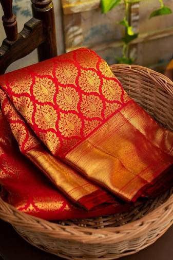 Red soft silk blend banarasi jacuard work designer party wear saree with unstitched blouse piece