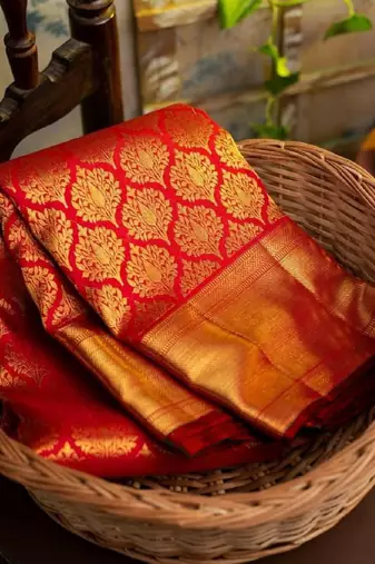 Red soft silk blend banarasi jacuard work designer party wear saree with unstitched blouse piece