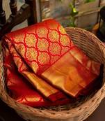 Red silk blend banarasi saree with unstitched blouse piece