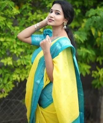 Yellow rama silk blend banarasi saree with unstitched blouse piece 1