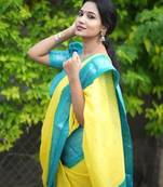 Yellow rama silk blend banarasi saree with unstitched blouse piece