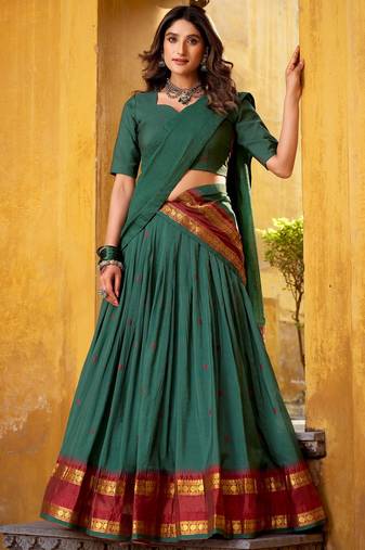 Fabulous Teal Green Zari Weaving Chanderi Mehendi Wear Half Saree Lehenga