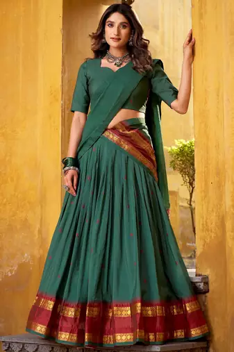 Fabulous Teal Green Zari Weaving Chanderi Mehendi Wear Half Saree Lehenga