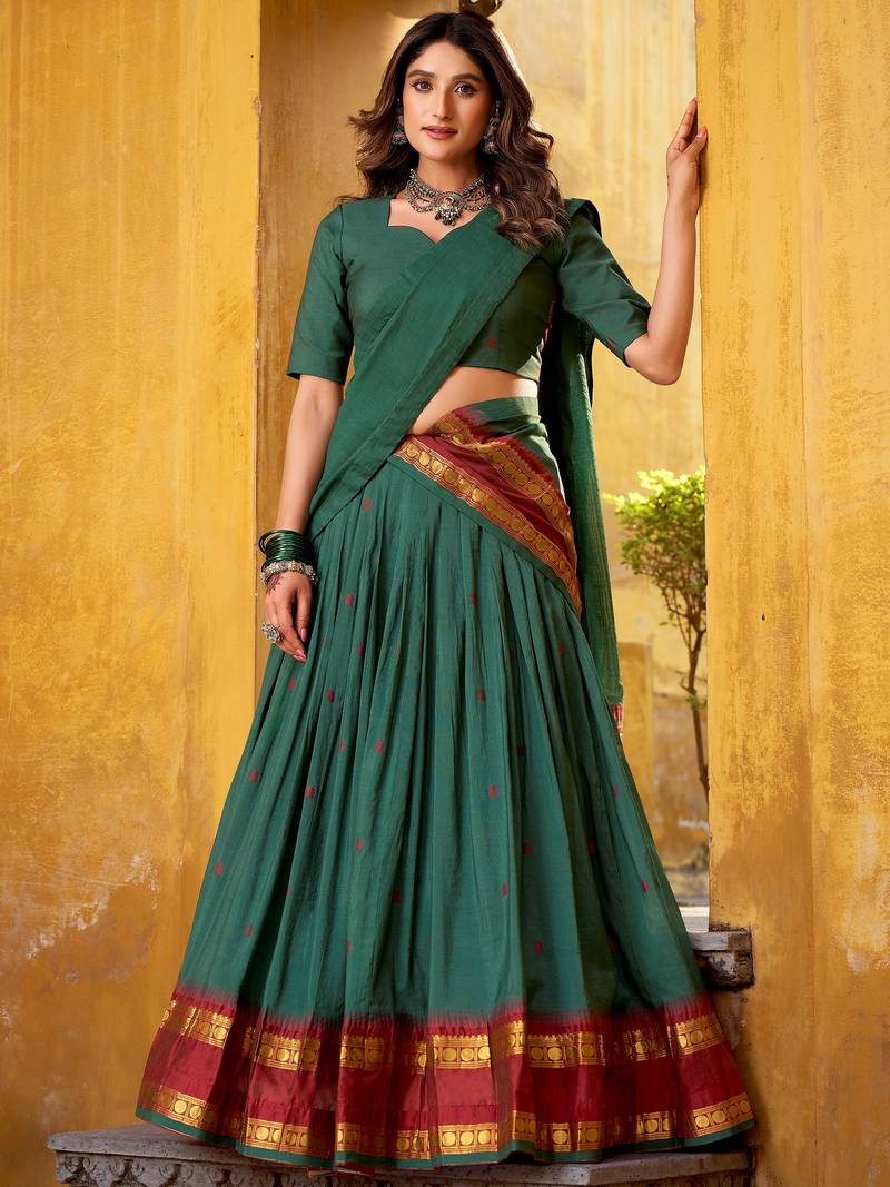 Fabulous Teal Green Zari Weaving Chanderi Mehendi Wear Half Saree Lehenga