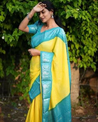 Yellow rama silk blend banarasi saree with unstitched blouse piece 2