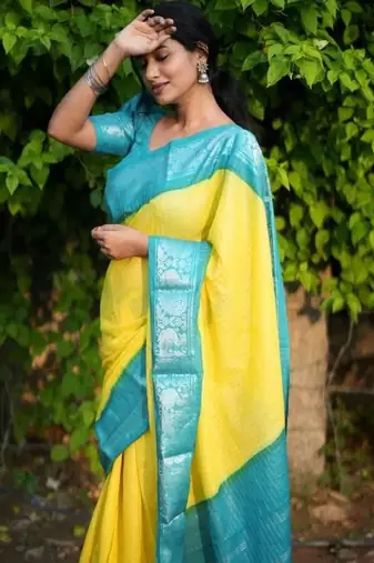 Yellow rama silk blend banarasi saree with unstitched blouse piece