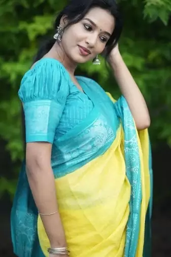Yellow rama silk blend banarasi saree with unstitched blouse piece