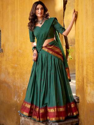 Fabulous Teal Green Zari Weaving Chanderi Mehendi Wear Half Saree Lehenga 3