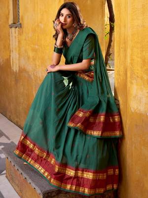 Fabulous Teal Green Zari Weaving Chanderi Mehendi Wear Half Saree Lehenga 4
