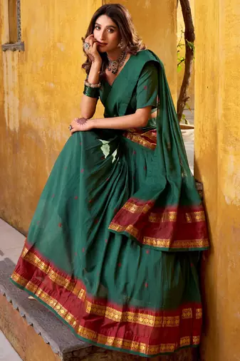 Fabulous Teal Green Zari Weaving Chanderi Mehendi Wear Half Saree Lehenga