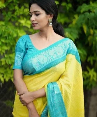Yellow rama silk blend banarasi saree with unstitched blouse piece 4