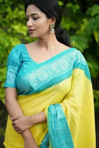 Yellow rama silk blend banarasi saree with unstitched blouse piece