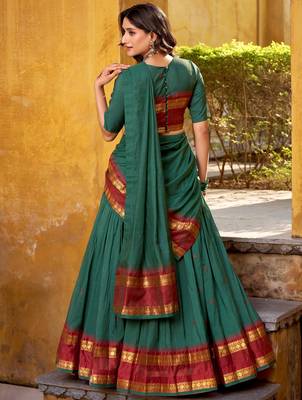 Fabulous Teal Green Zari Weaving Chanderi Mehendi Wear Half Saree Lehenga 5