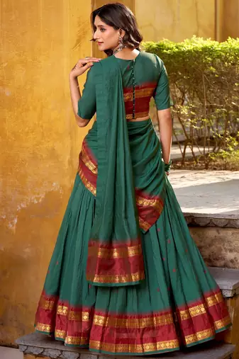 Fabulous Teal Green Zari Weaving Chanderi Mehendi Wear Half Saree Lehenga