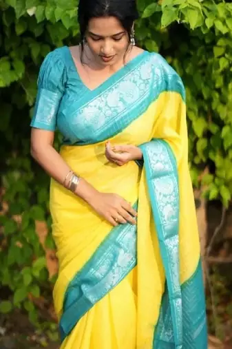Yellow rama silk blend banarasi saree with unstitched blouse piece