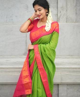 Parrot pink silk blend banarasi saree with unstitched blouse piece 3