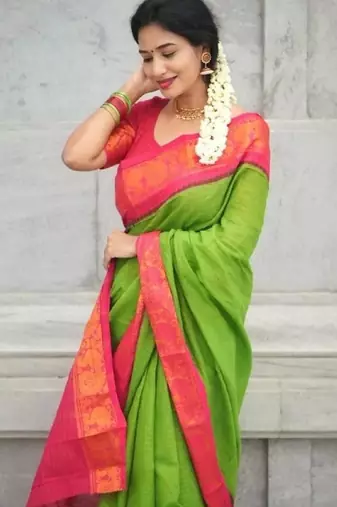 Parrot pink silk blend banarasi saree with unstitched blouse piece