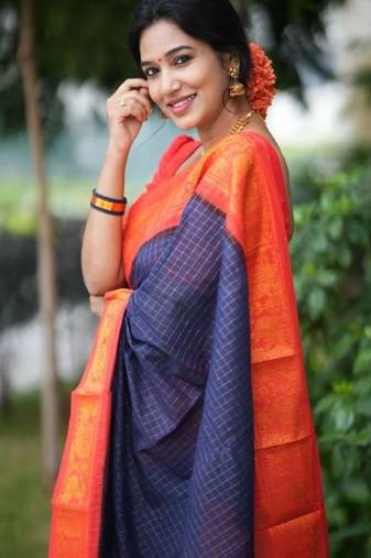 Blue red soft silk blend banarasi jacuard work designer party wear saree with unstitched blouse piece