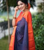Blue red silk blend banarasi saree with unstitched blouse piece