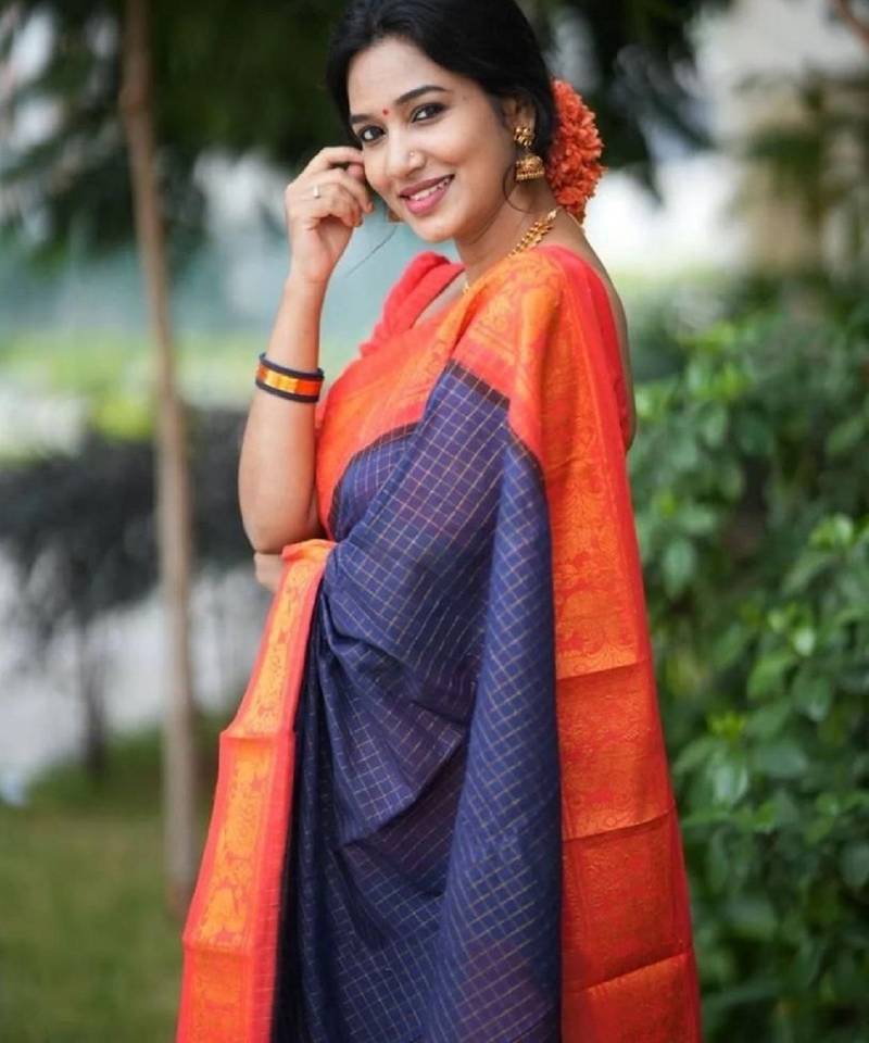 Blue red soft silk blend banarasi jacuard work designer party wear saree with unstitched blouse piece