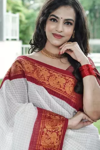 White red soft silk blend banarasi jacuard work designer party wear saree with unstitched blouse piece