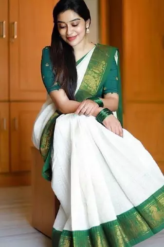 White green soft silk blend banarasi jacuard work designer party wear saree with unstitched blouse piece