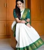 White green silk blend banarasi saree with unstitched blouse piece