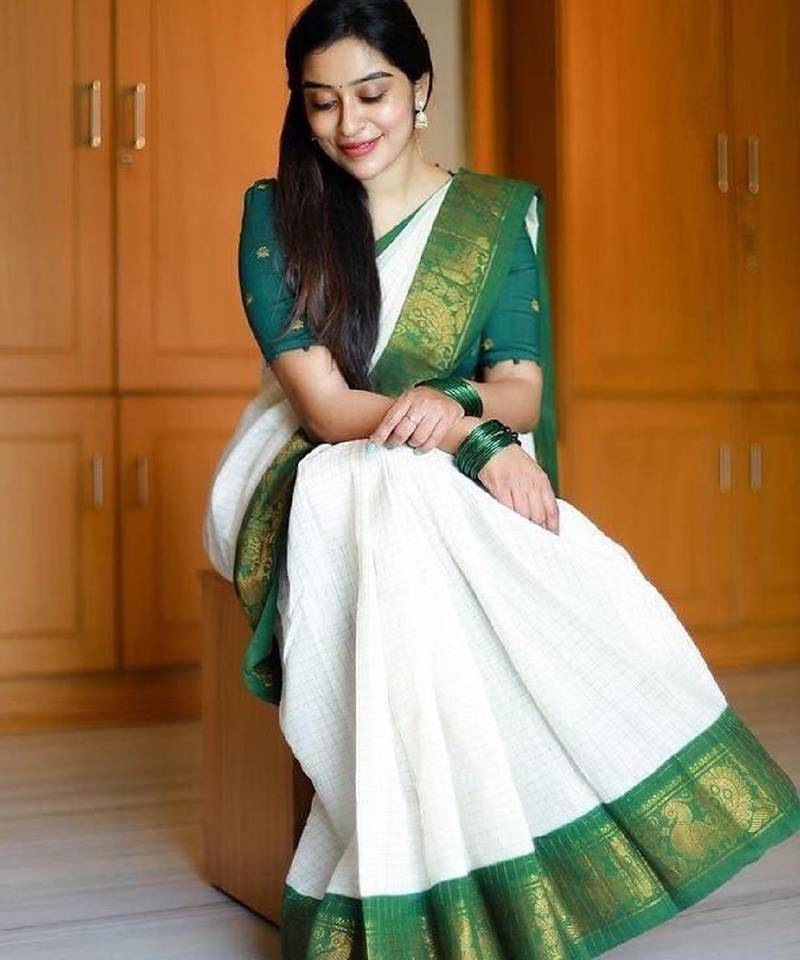 White green soft silk blend banarasi jacuard work designer party wear saree with unstitched blouse piece