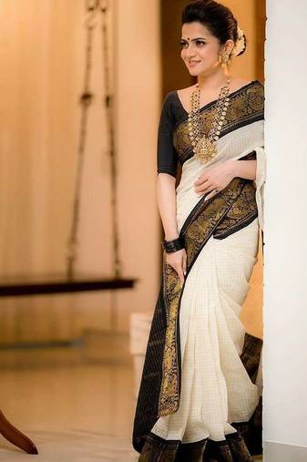 White black soft silk blend banarasi jacuard work designer party wear saree with unstitched blouse piece