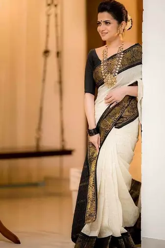 White black soft silk blend banarasi jacuard work designer party wear saree with unstitched blouse piece