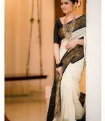 White black soft silk blend banarasi jacuard work designer party wear saree with unstitched blouse piece