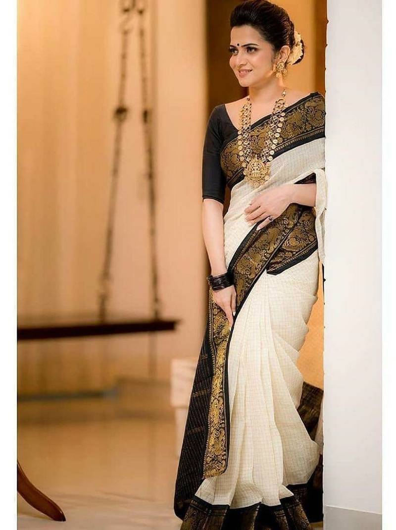 White black soft silk blend banarasi jacuard work designer party wear saree with unstitched blouse piece