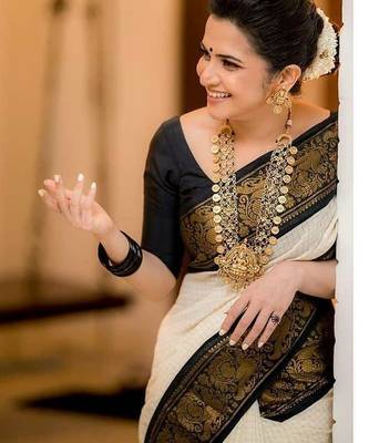 White black silk blend banarasi saree with unstitched blouse piece 3