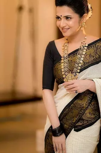 White black silk blend banarasi saree with unstitched blouse piece