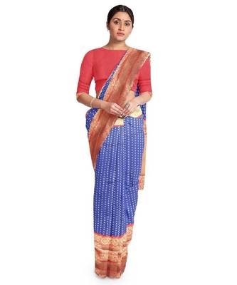 Blue red silk blend banarasi saree with unstitched blouse piece 1