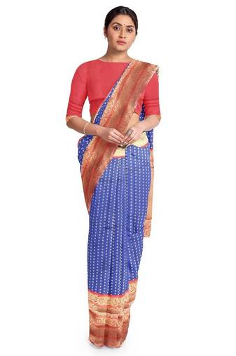 Blue red soft silk blend banarasi jacuard work designer party wear saree with unstitched blouse piece