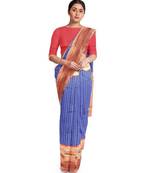 Blue red silk blend banarasi saree with unstitched blouse piece