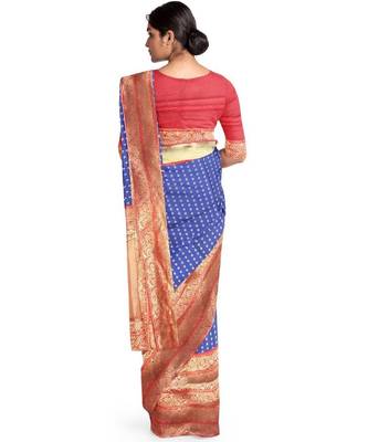 Blue red silk blend banarasi saree with unstitched blouse piece 2